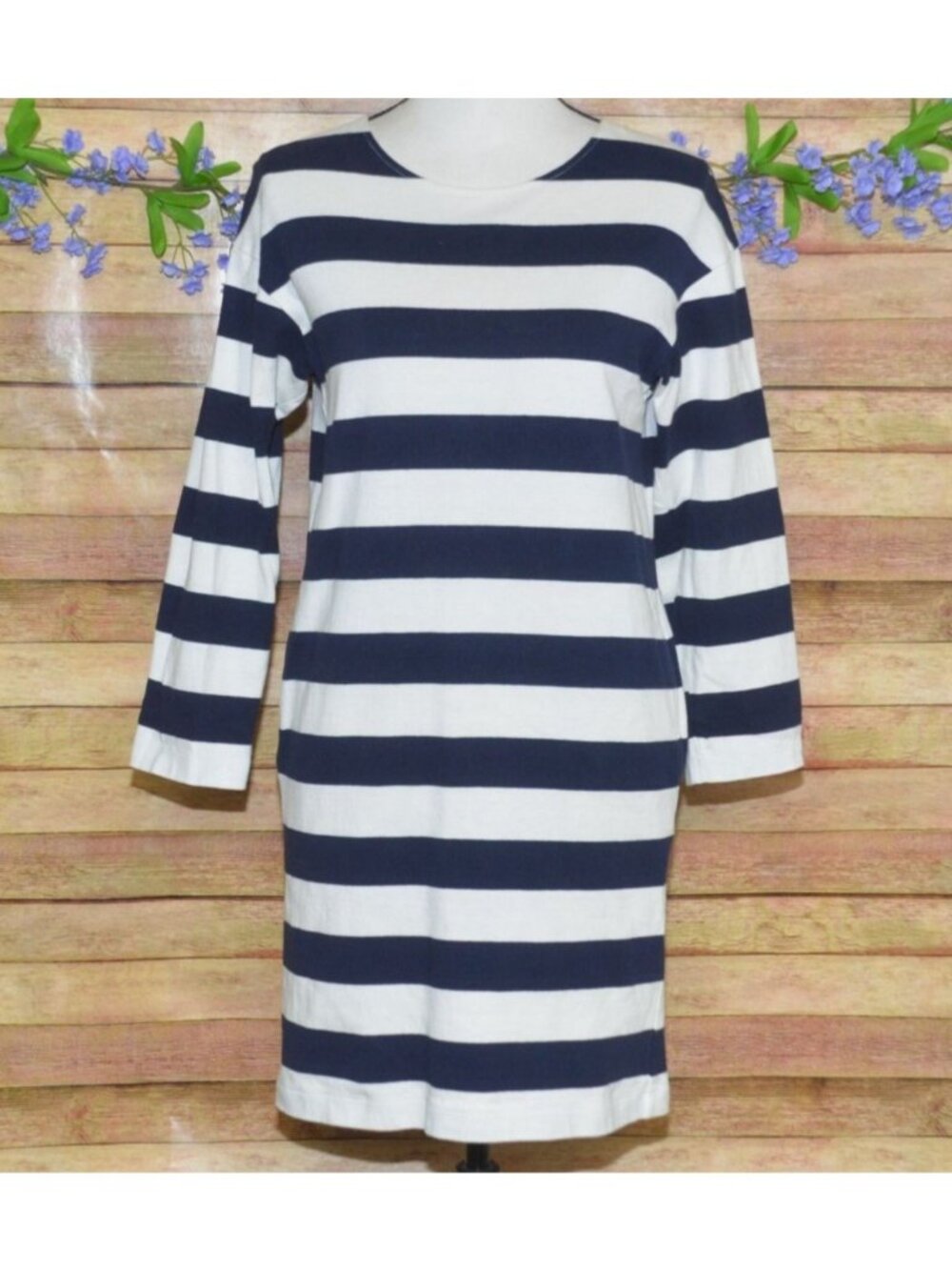 Uniqlo Cotton Nautical Blue Stripe Pocket Shift Tunic Tee Dress XS French Girl